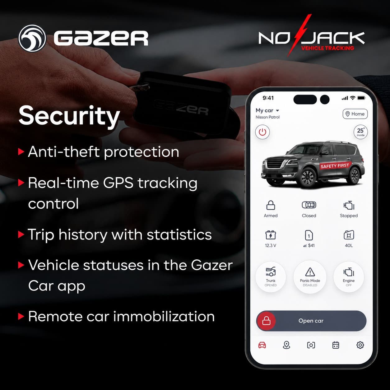 Gazer S5 security key fob and the Gazer Car mobile app