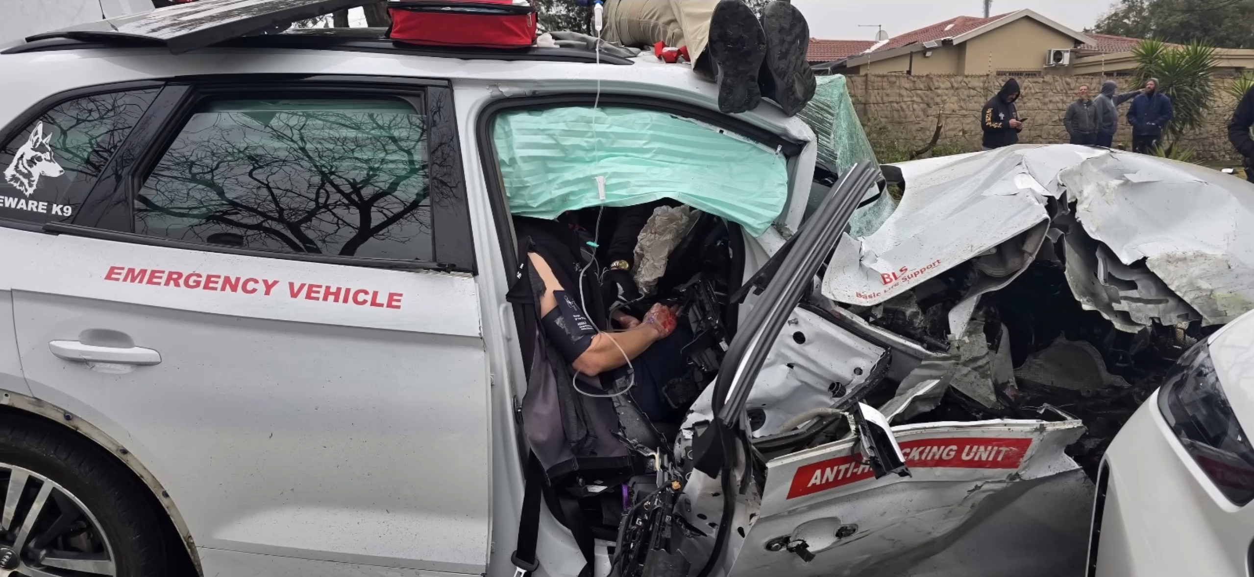 The wreckage of Frederick Koen's emergency response vehicle after impact on the East Rand.