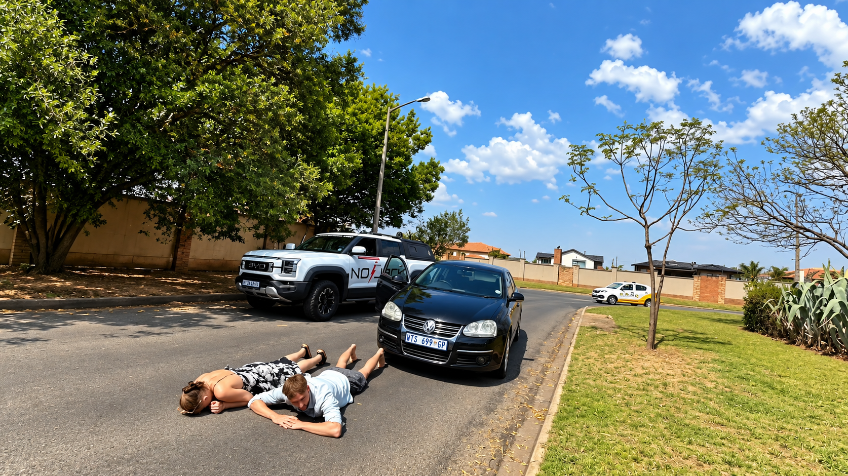 Two suspects lying face-down on the road in front of a black Volkswagen sedan, with a NoJack BYD Shark bakkie behind it