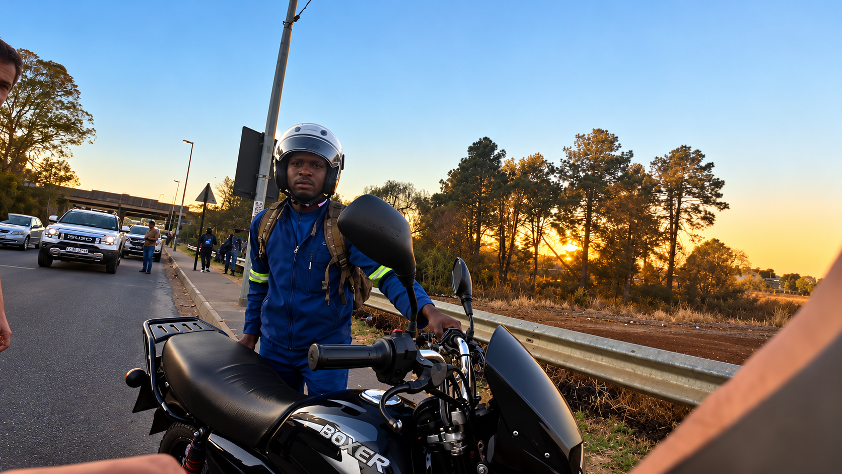 The rider standing beside a black Boxer motorcycle at the roadside