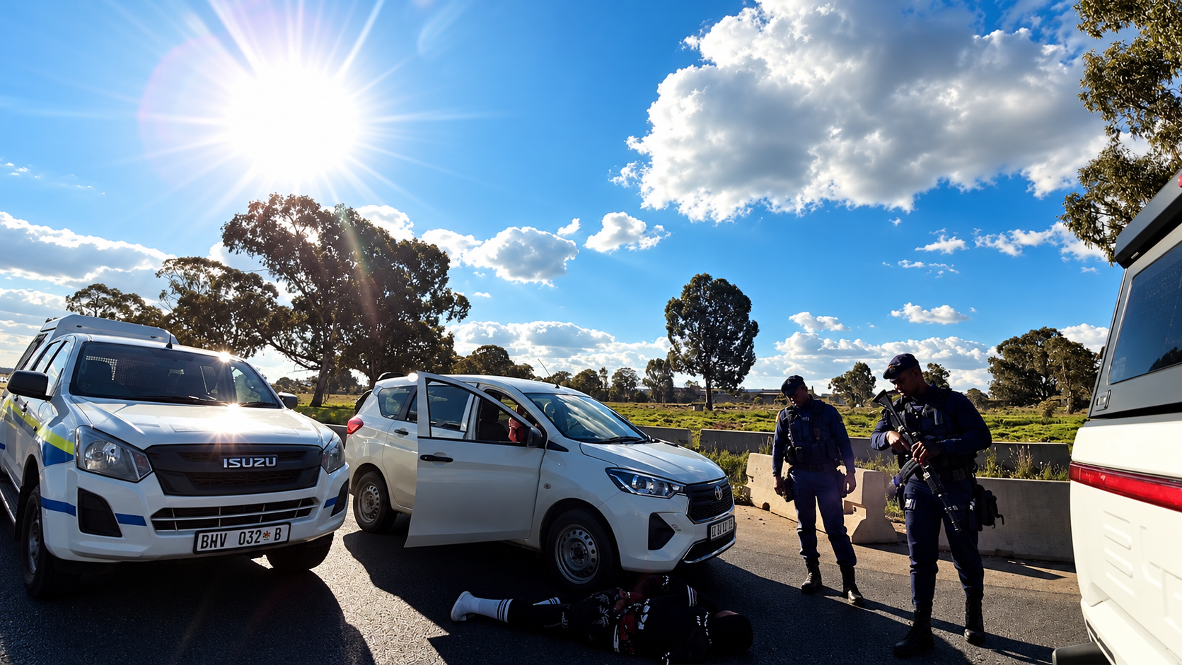 SAPS Tactical Response Team members beside a white car and a SAPS bakkie, with the suspect on the ground