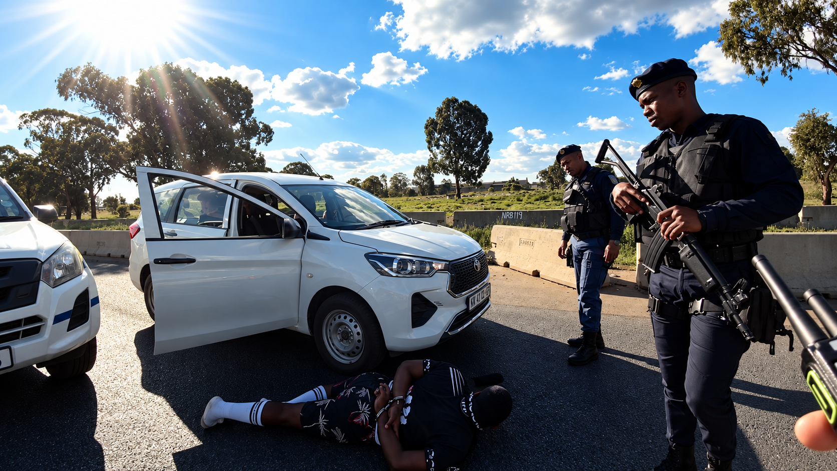 The suspect lying handcuffed on the road beside a white car while armed SAPS TRT members stand by