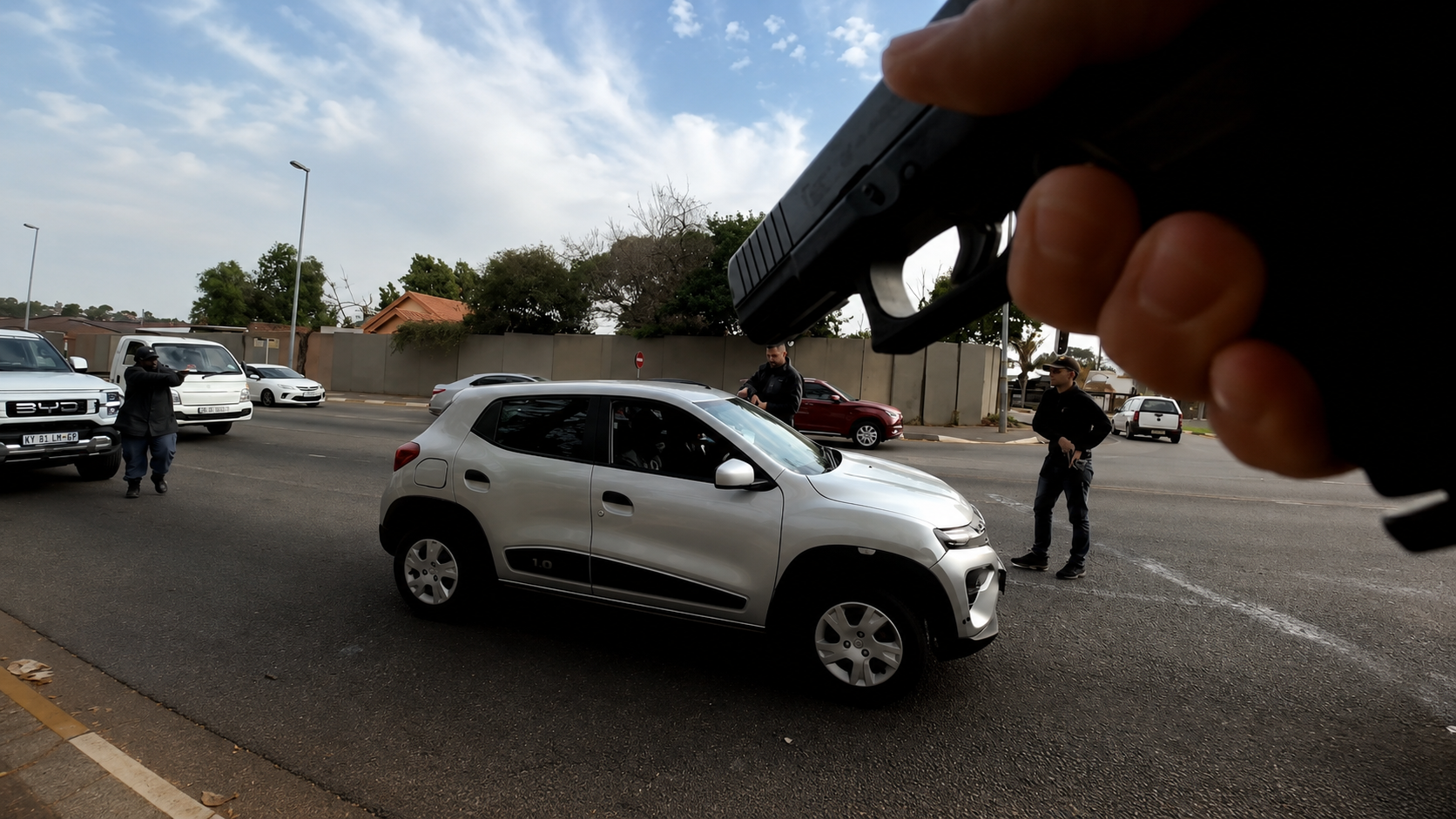 Point-of-view of a NoJack operative with weapon drawn as suspects are detained on the street